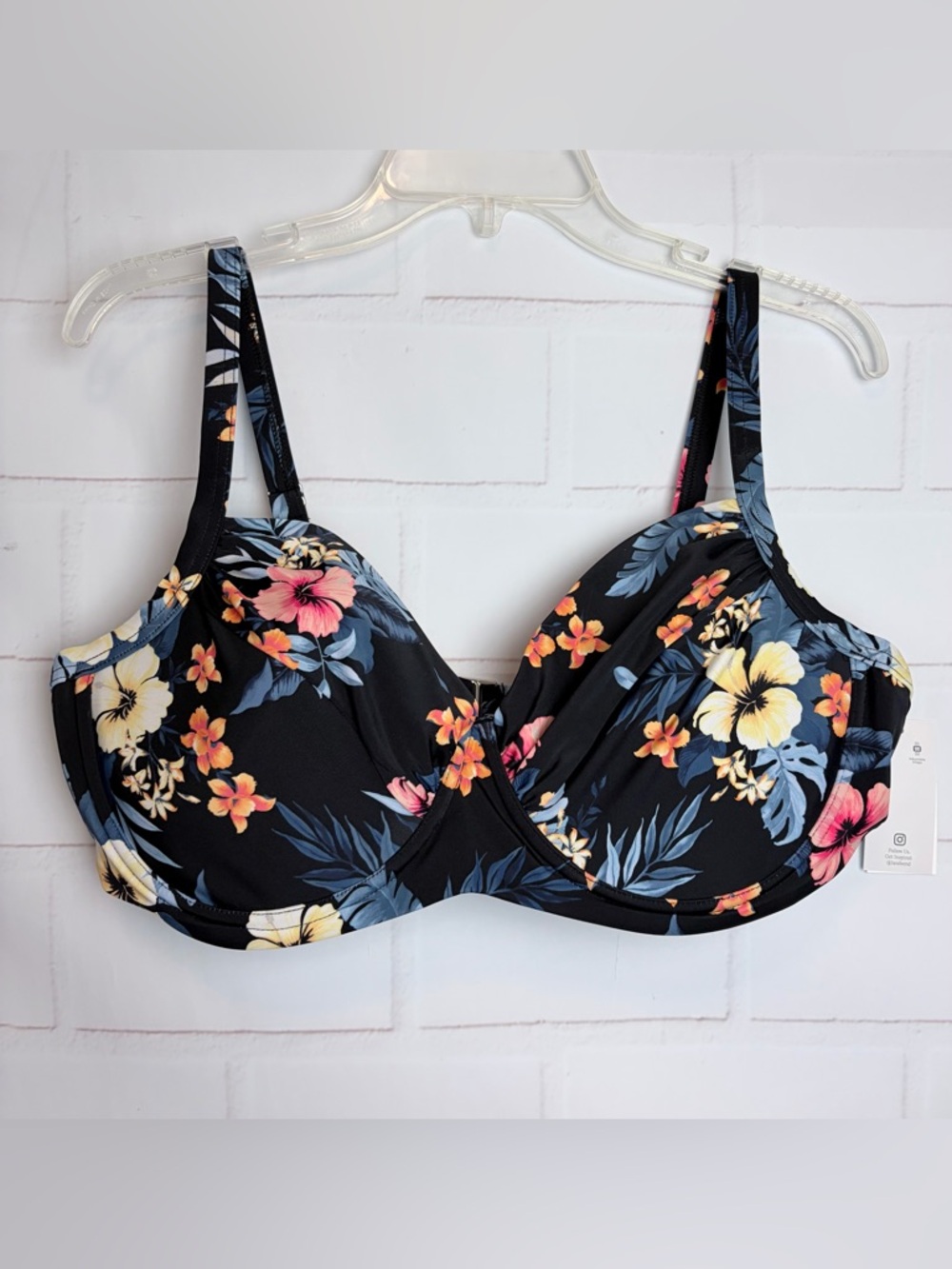 Lands End Black Floral Bikini Top Size 16 NWT